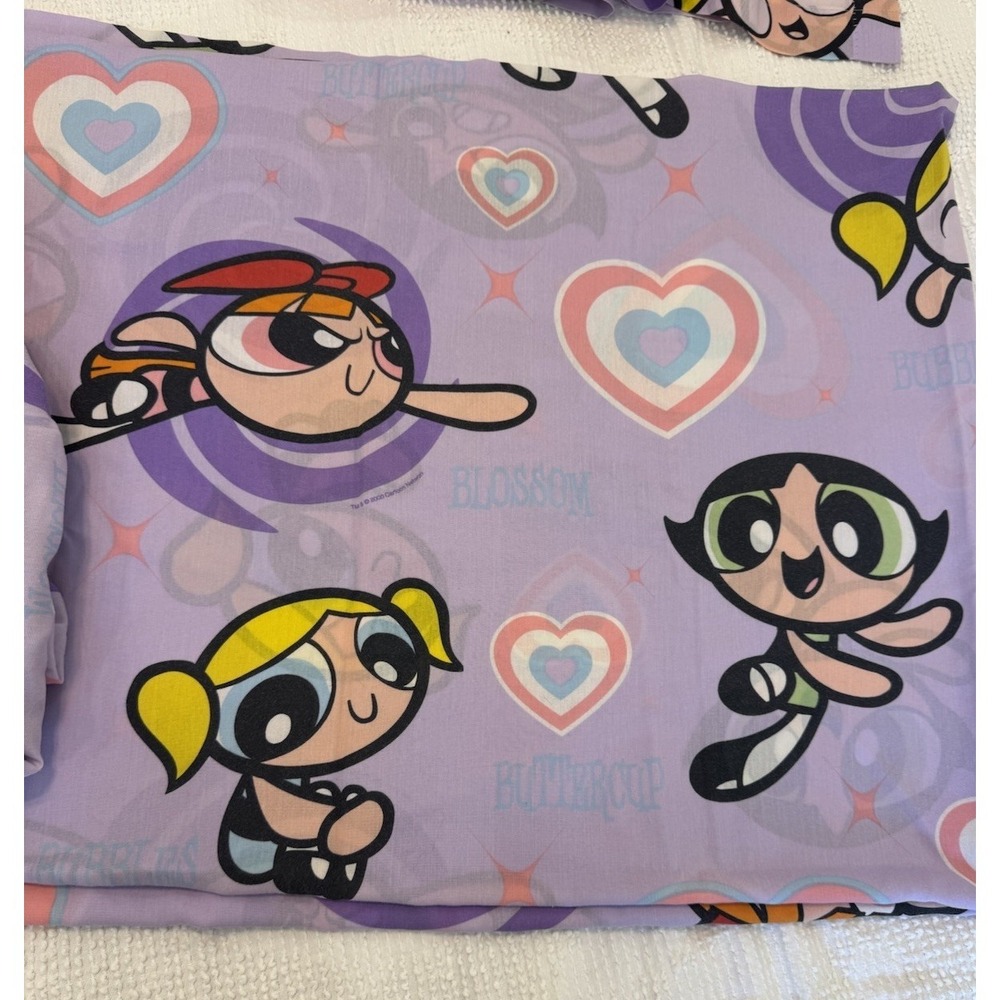 Vtg Y2K Powerpuff Girls Twin Flat & Fitted Sheet Set + 2 Valance Curtains Purple - Picture 2 of 7